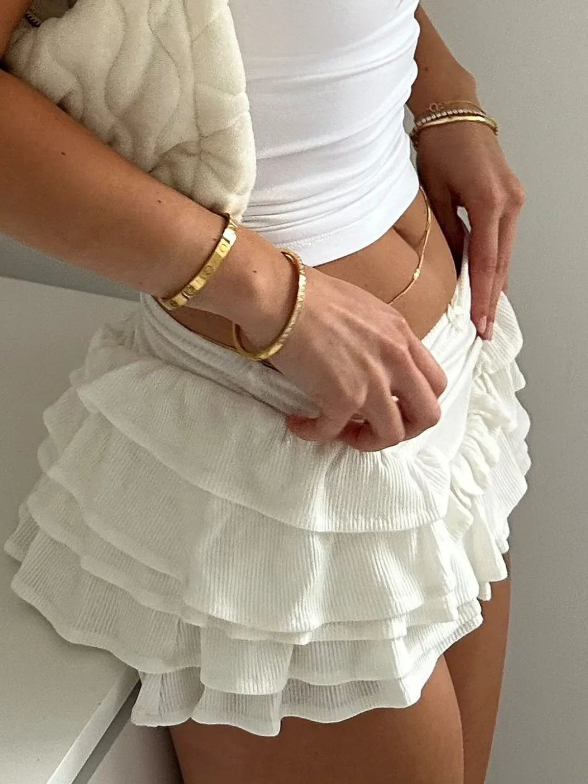 White Low Rise Flared Skirt with Tiered Ruffles