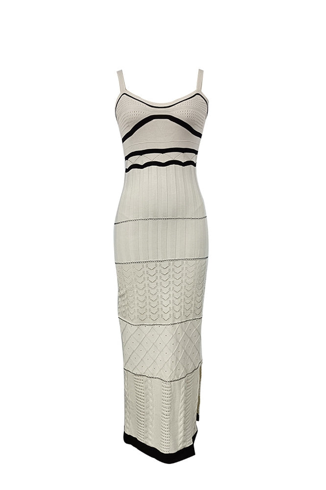 Pattern Knit Square Neck Side Slit Bodycon Maxi Dress