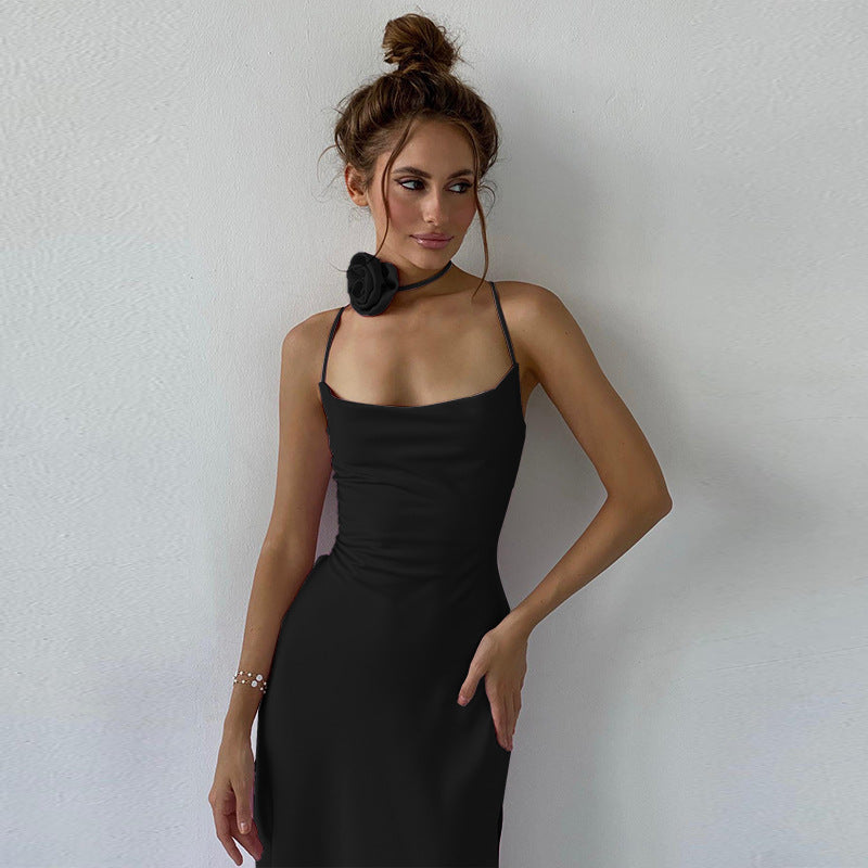 Floral Print Halter Collar Backless Lace-Up High Slit Maxi Dress