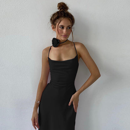 Floral Print Halter Collar Backless Lace-Up High Slit Maxi Dress