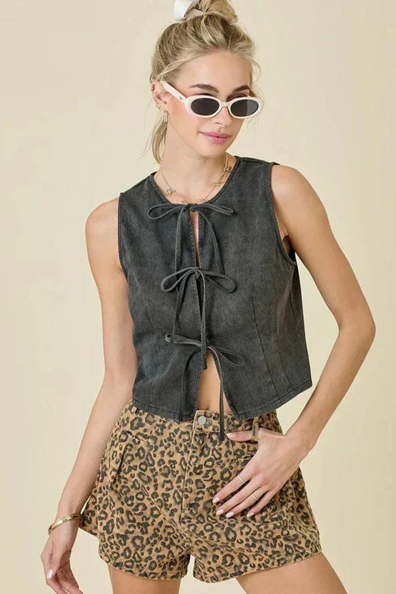 Women's Tie Front Denim Vest Crop Top Summer Layer
