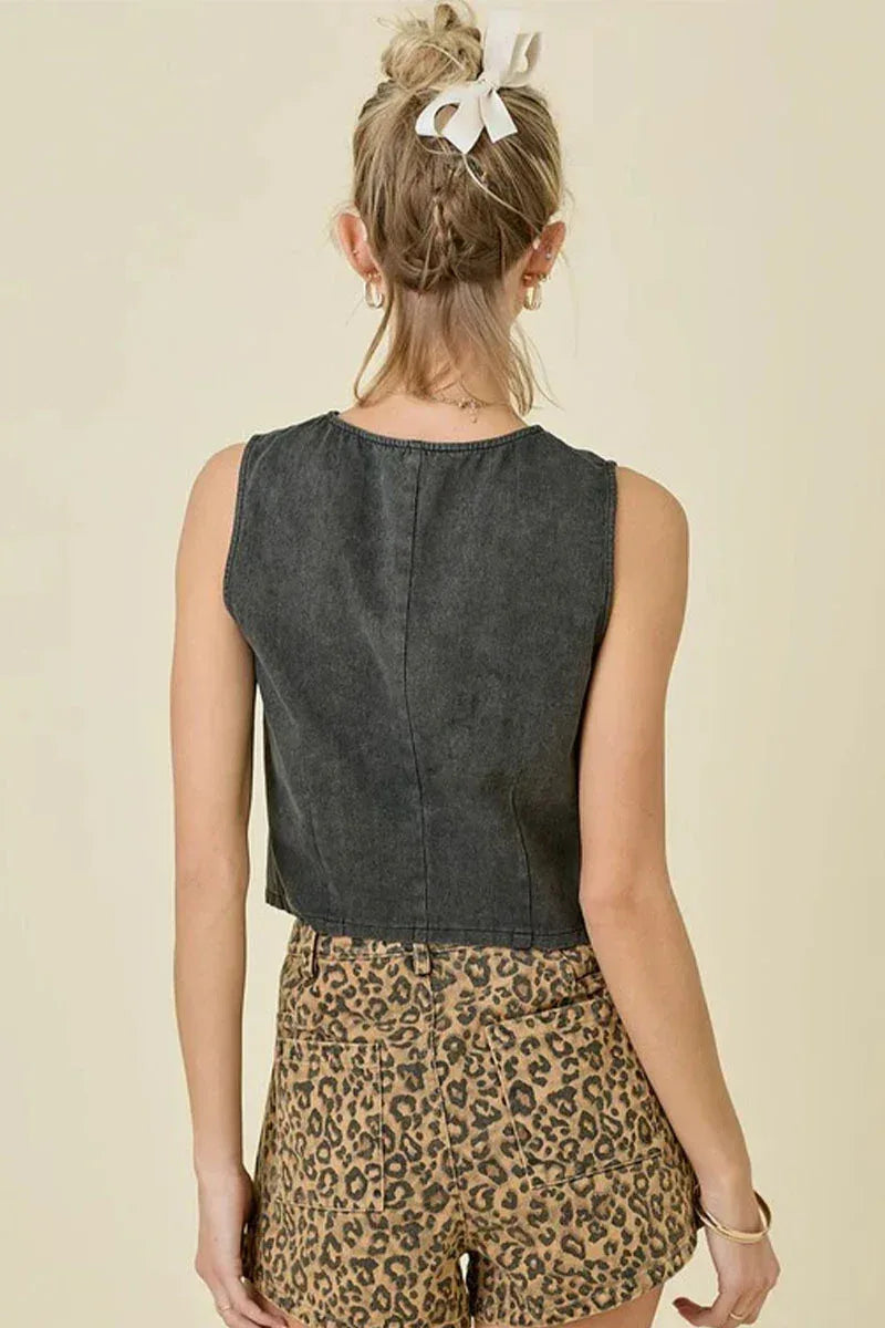 Women's Tie Front Denim Vest Crop Top Summer Layer