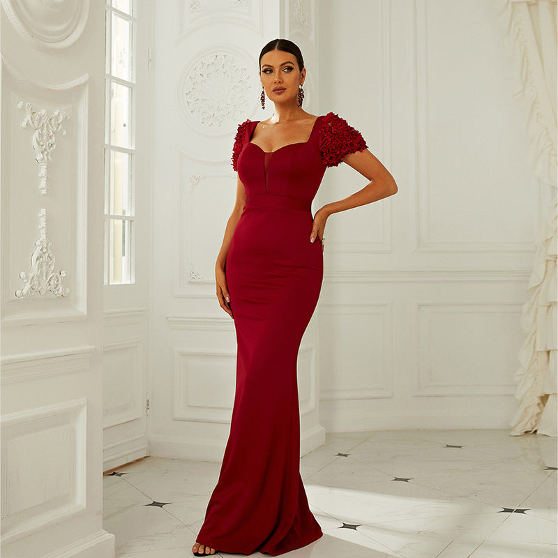 Sweetheart Neck Textured Cap Sleeve Rhinestone Waistband Mermaid Maxi Gown