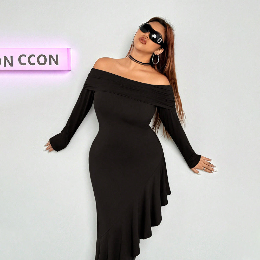 Off Shoulder Long Sleeve Asymmetrical Ruffle Hem Bodycon Midi Dress