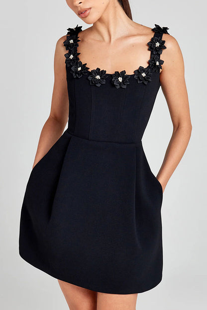 Party outfit, pearl flower decal, square strapless, sexy collar, pocket, elegant mini dress