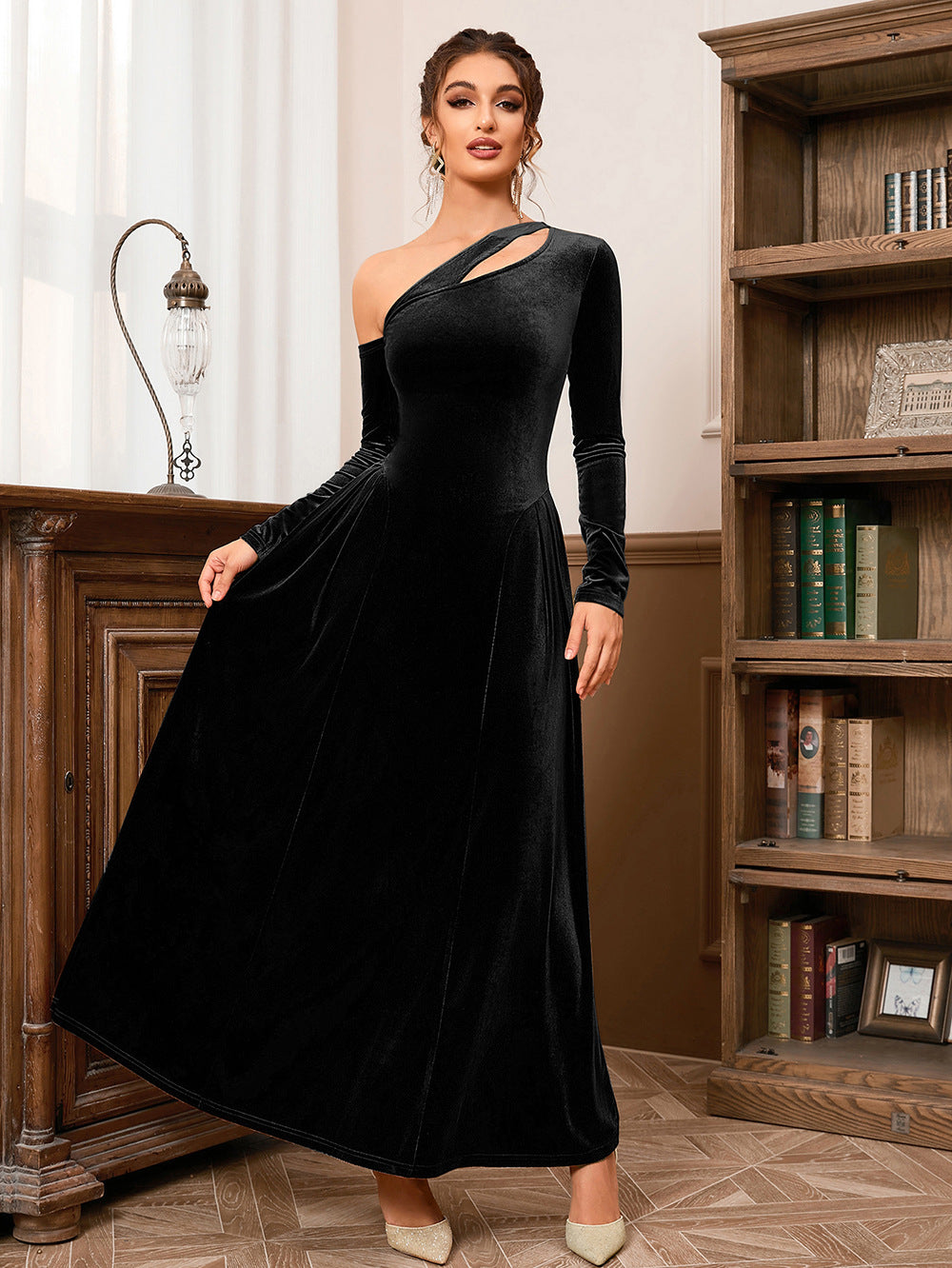 Velvet One Shoulder Cut Out Long Sleeve High Split Fit and Flare Maxi Gown