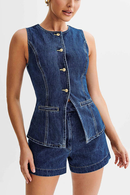 Abel Denim Button Up Princess Seams Pocket Vest Top