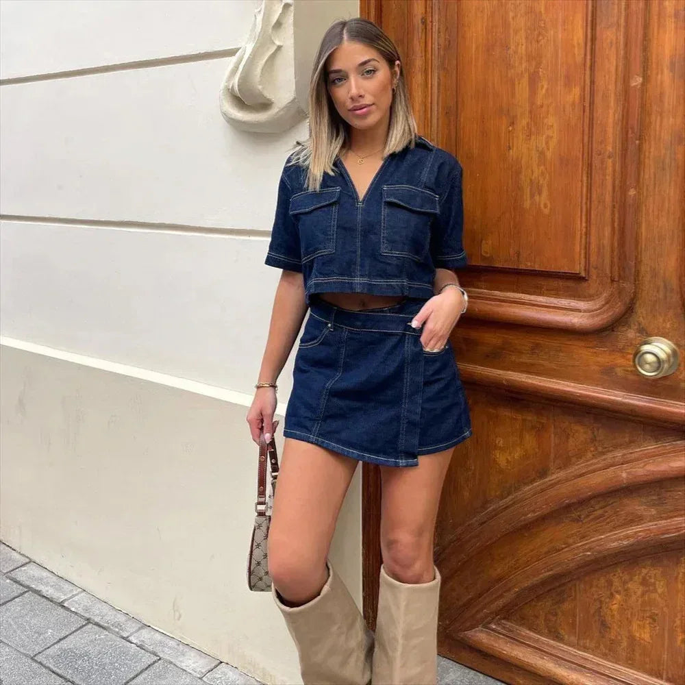 Women’s Denim Two Piece Skirt Set with Cropped Top