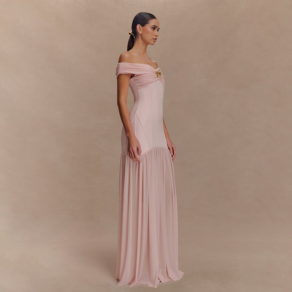 Off Shoulder Ruched Folded Bandage Maxi Dress
