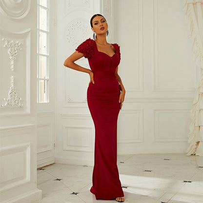 Sweetheart Neck Textured Cap Sleeve Rhinestone Waistband Mermaid Maxi Gown