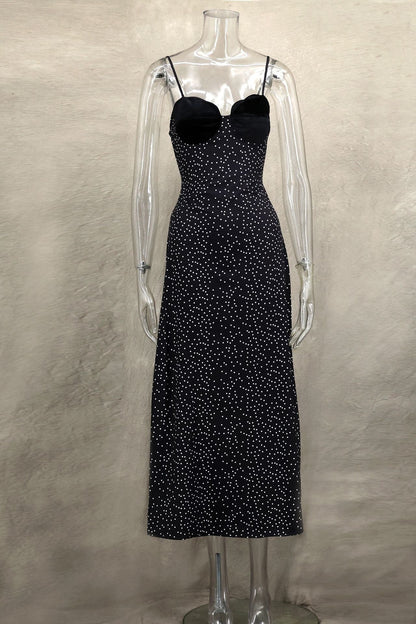 Sweetheart Scallop Velvet Bust Polka Dot Spaghetti Strap Midi Dress