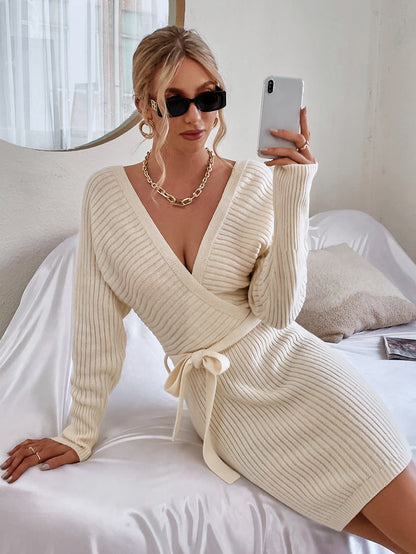 V Neck Rib Knit Wrap Tie Belt Mini Dress