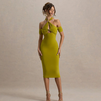Halter Deep V Ruched Bodice Center Panel Drape Jersey Maxi Gown