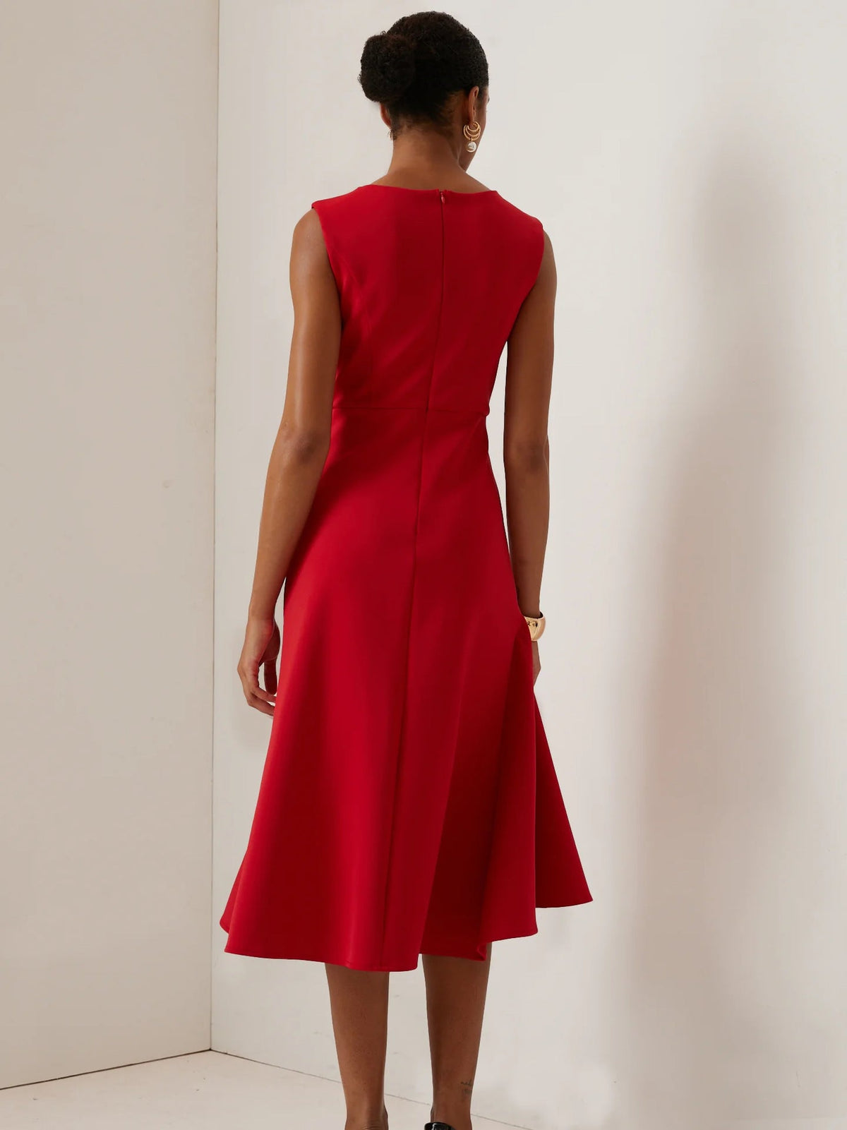 Jewel Neck Sleeveless Side Knot Draped Cascade Ruffle Fit and Flare Midi Dress