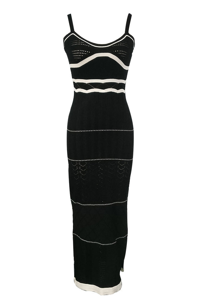 Pattern Knit Square Neck Side Slit Bodycon Maxi Dress