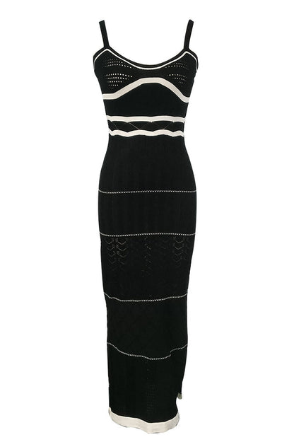 Pattern Knit Square Neck Side Slit Bodycon Maxi Dress