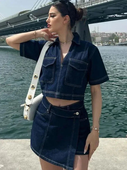 Women’s Denim Two Piece Skirt Set with Cropped Top