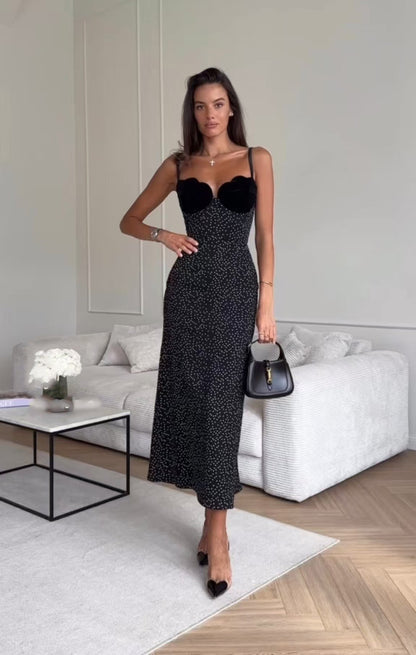 Sweetheart Scallop Velvet Bust Polka Dot Spaghetti Strap Midi Dress