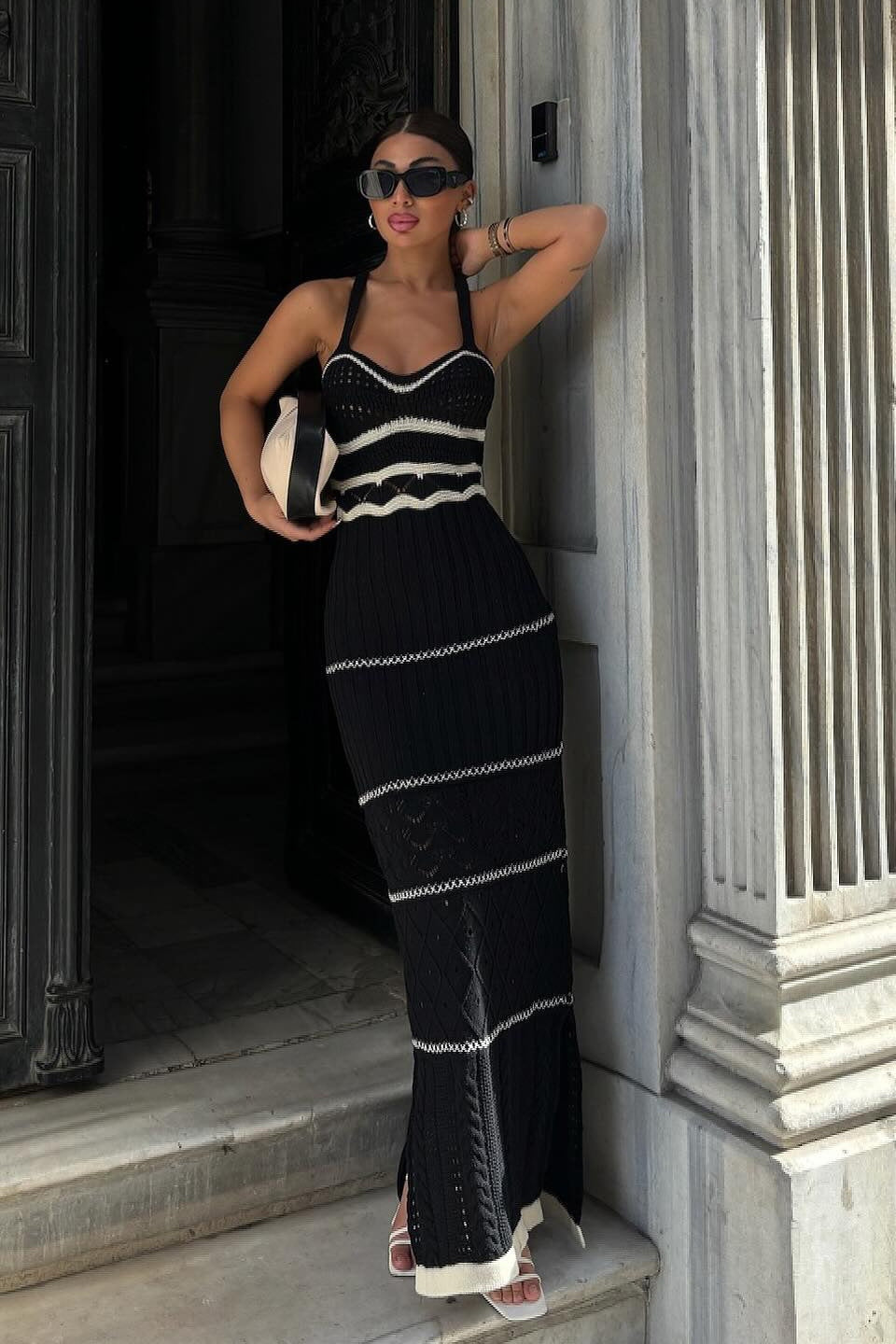 Pattern Knit Square Neck Side Slit Bodycon Maxi Dress