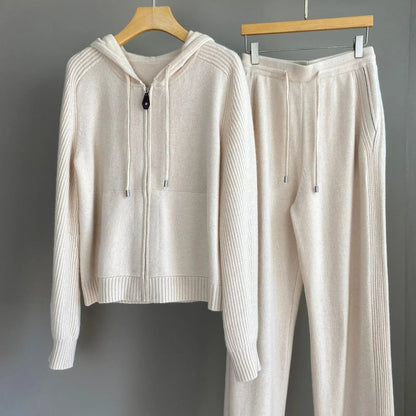Women Cashmere Wool Knit Hoodie and Pants Set