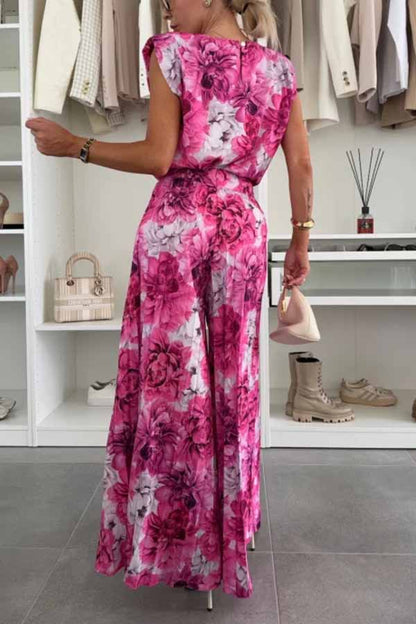 Fashionable Round Neck Shoulder Pads Top and Elastic Waist Pleated Wide-leg Pants Set