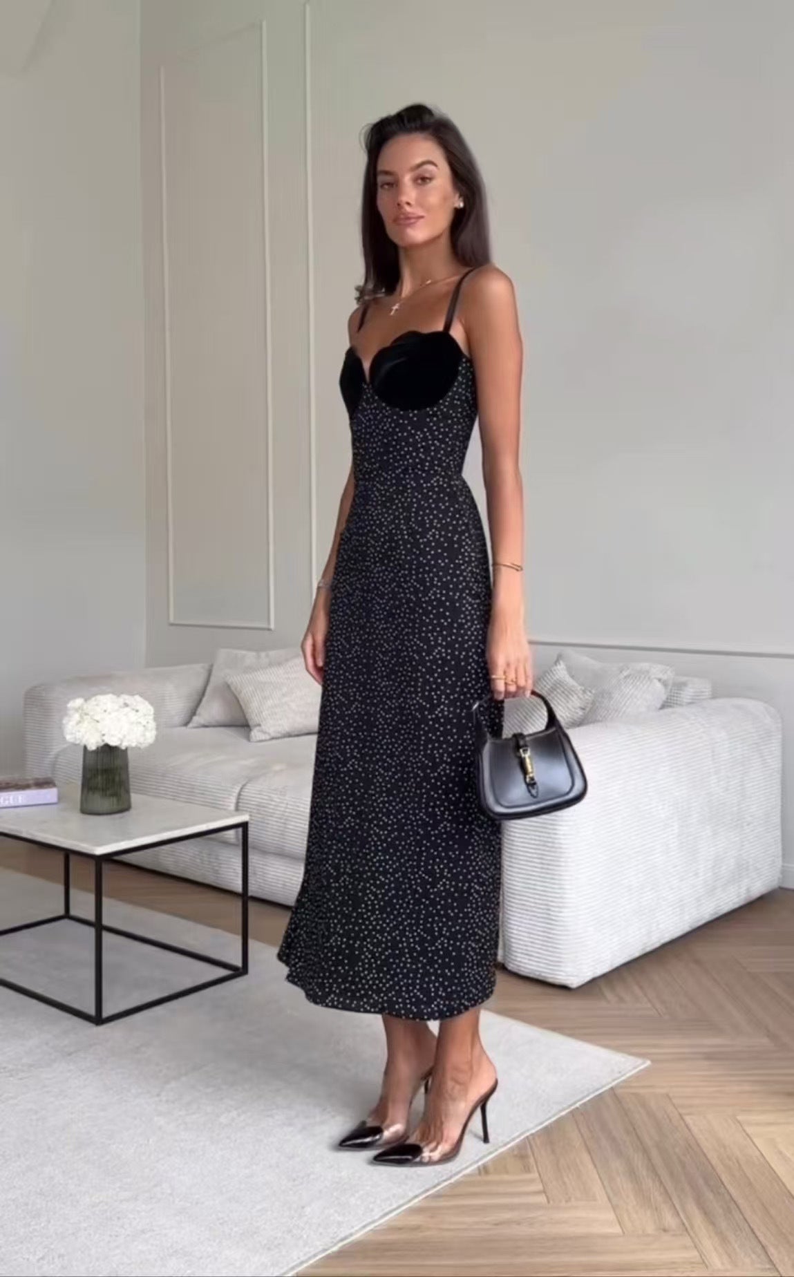 Sweetheart Scallop Velvet Bust Polka Dot Spaghetti Strap Midi Dress