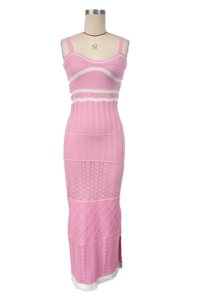 Pattern Knit Square Neck Side Slit Bodycon Maxi Dress