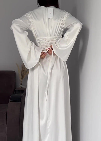 Satin Crew Neck Bell Sleeve Column Maxi Dress