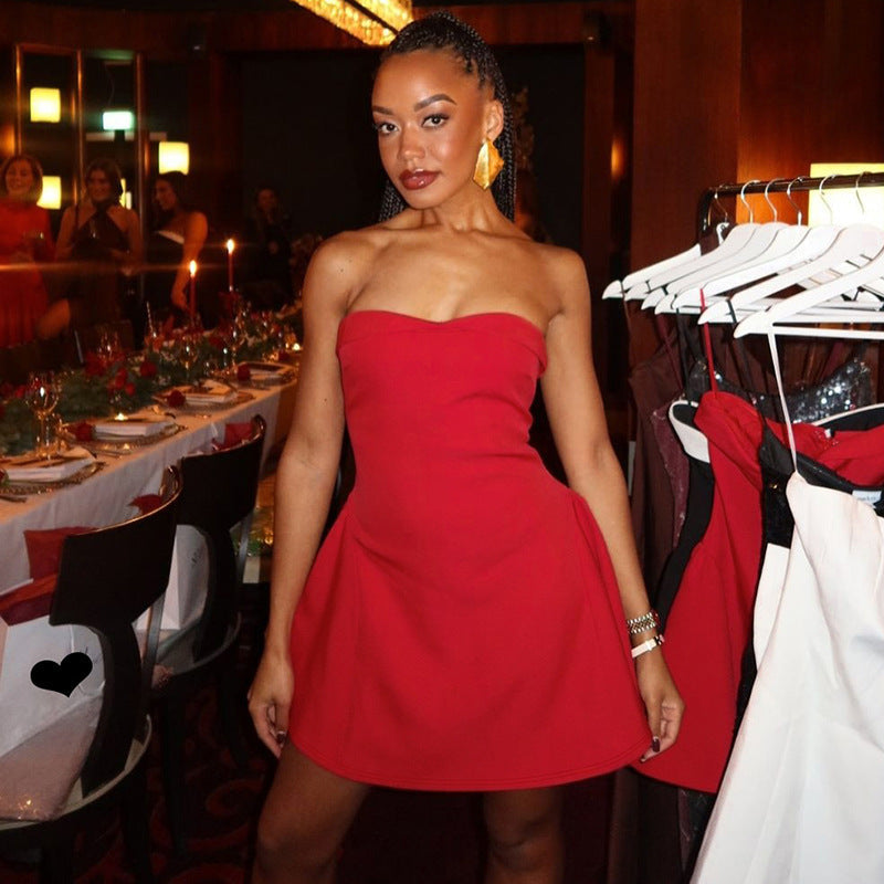 Strapless Foldover Bandeau Structured Panel Flared A-Line Mini Dress