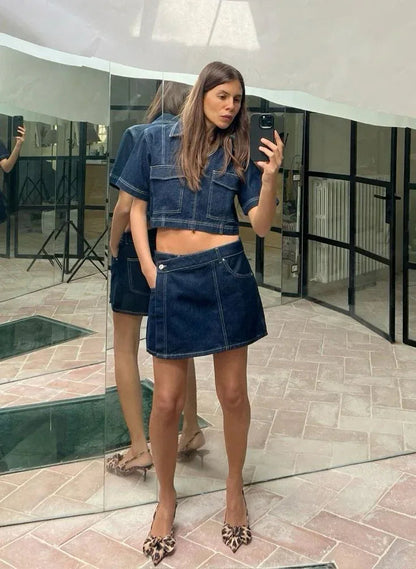 Women’s Denim Two Piece Skirt Set with Cropped Top