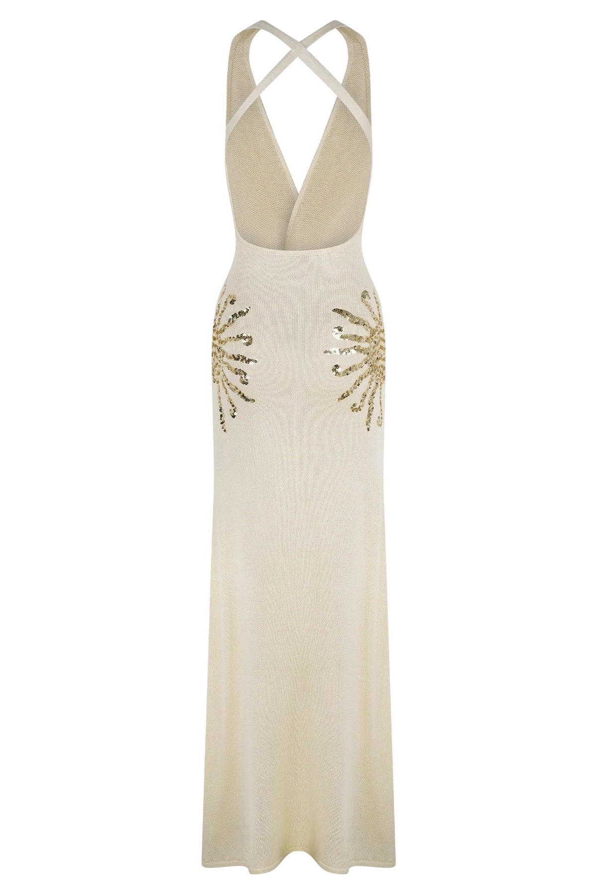 Sparkling Nights Knit Sunburst Sequin Detail Back Cross Straps Stretch Maxi Dress