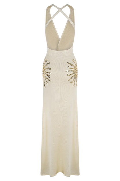 Sparkling Nights Knit Sunburst Sequin Detail Back Cross Straps Stretch Maxi Dress