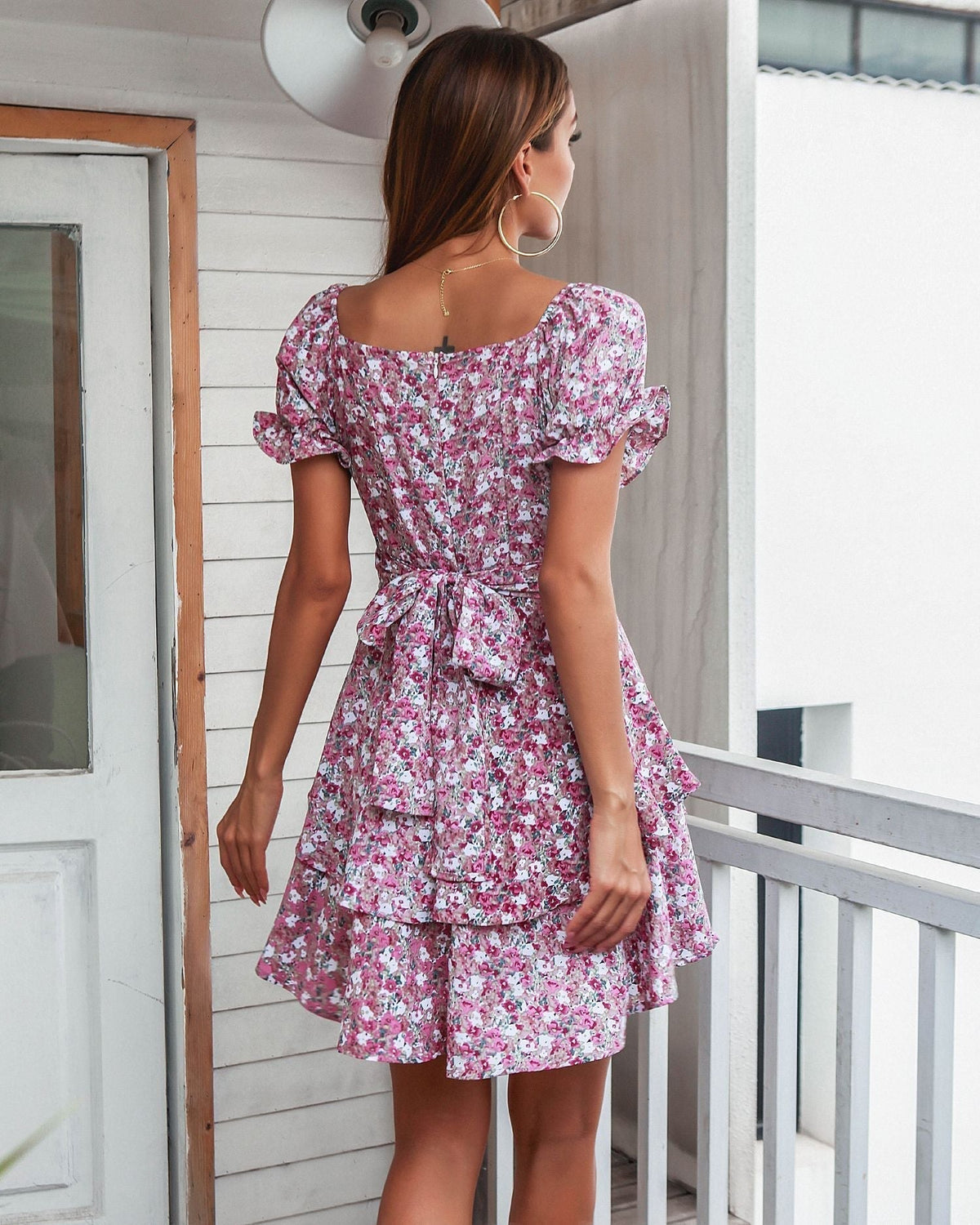 Sweetheart Puff Sleeve Wrap Waist Tiered Ruffle Tulip Hem Floral Mini Dress