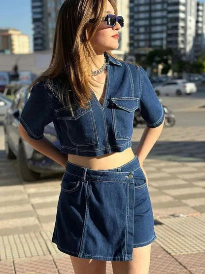 Women’s Denim Two Piece Skirt Set with Cropped Top