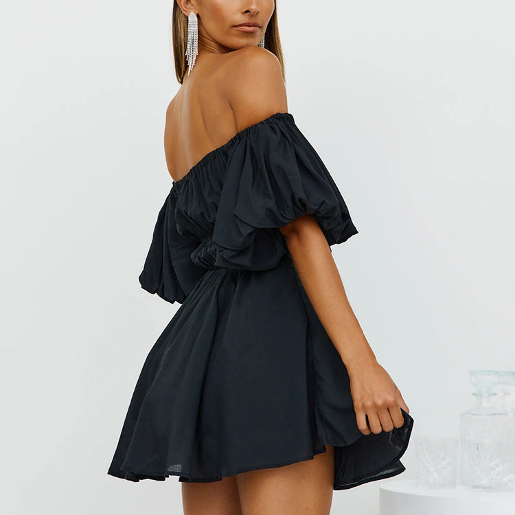 Off Shoulder Puff Sleeve Smocked Shirred Fit And Flare Mini Dress