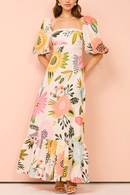 Embrace The Glamour Linen Blend Unique Print Puff Sleeve Pocketed Maxi Dress