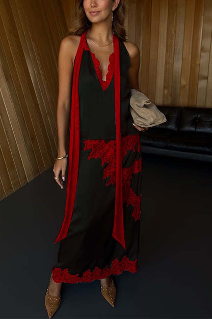 Sunday Social Contrast Color Satin Lace Trim Mid Rise Maxi Skirt