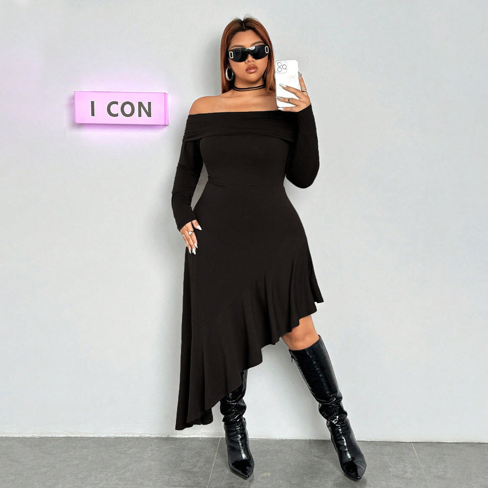 Off Shoulder Long Sleeve Asymmetrical Ruffle Hem Bodycon Midi Dress