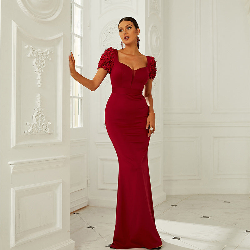 Sweetheart Neck Textured Cap Sleeve Rhinestone Waistband Mermaid Maxi Gown