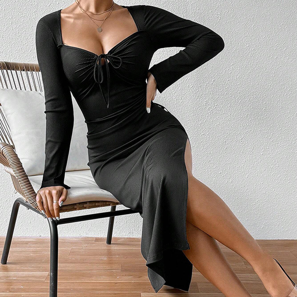 Rib Knit Sweetheart Tie Front Keyhole High Slit Midi Dress