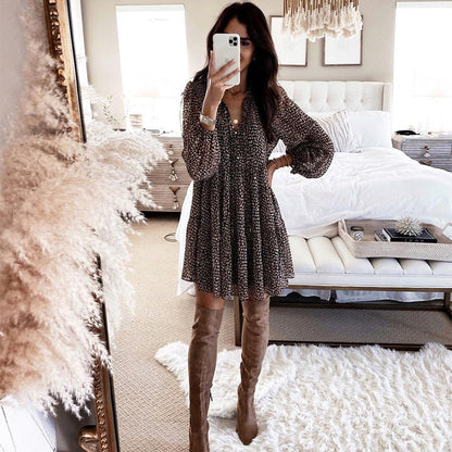 V-Neck Button Front Balloon Sleeve Tiered Floral Babydoll Mini Dress