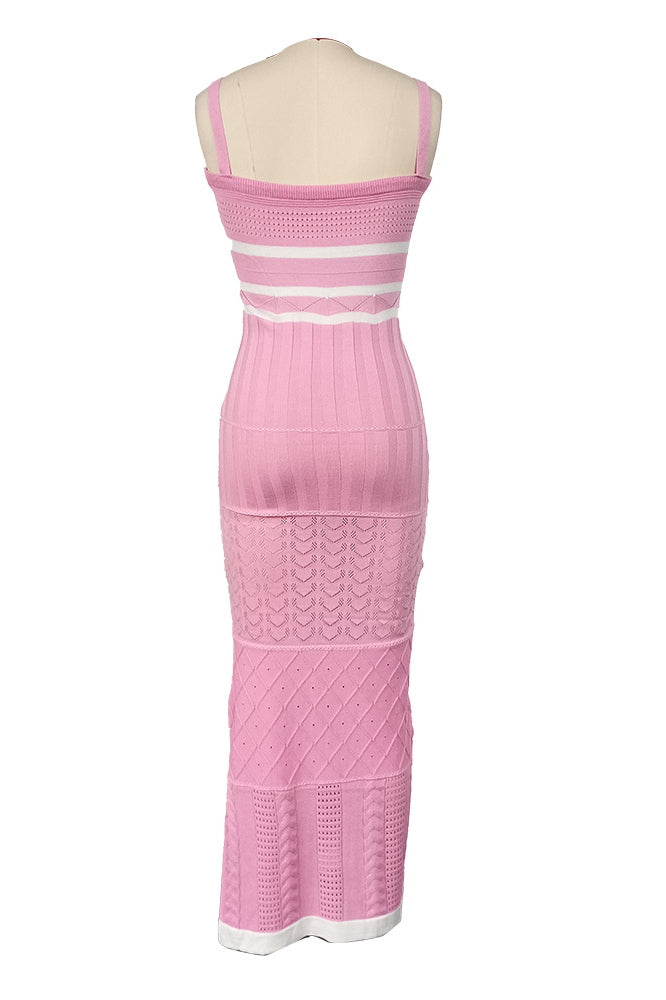 Pattern Knit Square Neck Side Slit Bodycon Maxi Dress