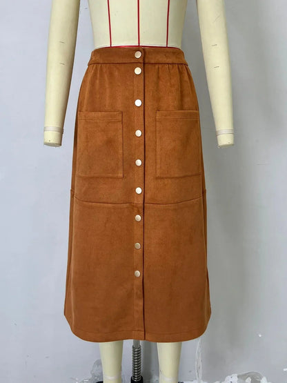 Corduroy Midi Skirt High Waist Button Front Brown A-Line
