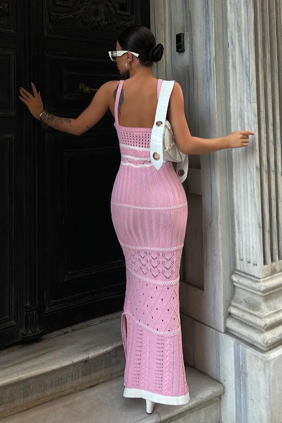 Pattern Knit Square Neck Side Slit Bodycon Maxi Dress
