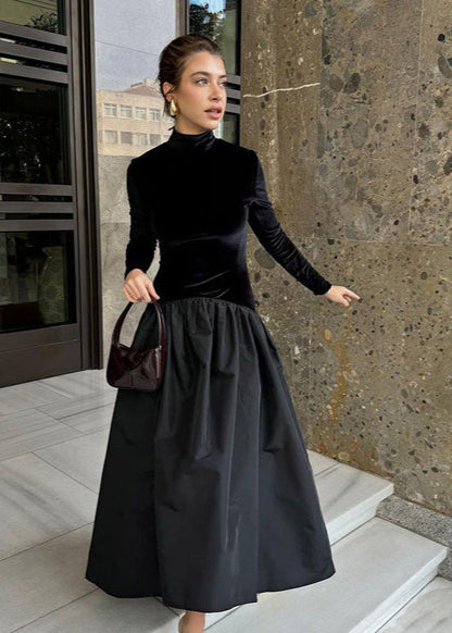 Velvet Mock Neck Long Sleeve Taffeta Puff Skirt Mixed Media Midi Dress