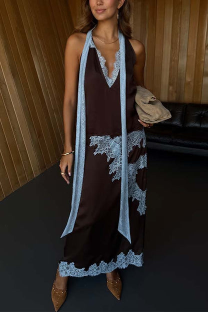 Sunday Social Contrast Color Satin Lace Trim Mid Rise Maxi Skirt
