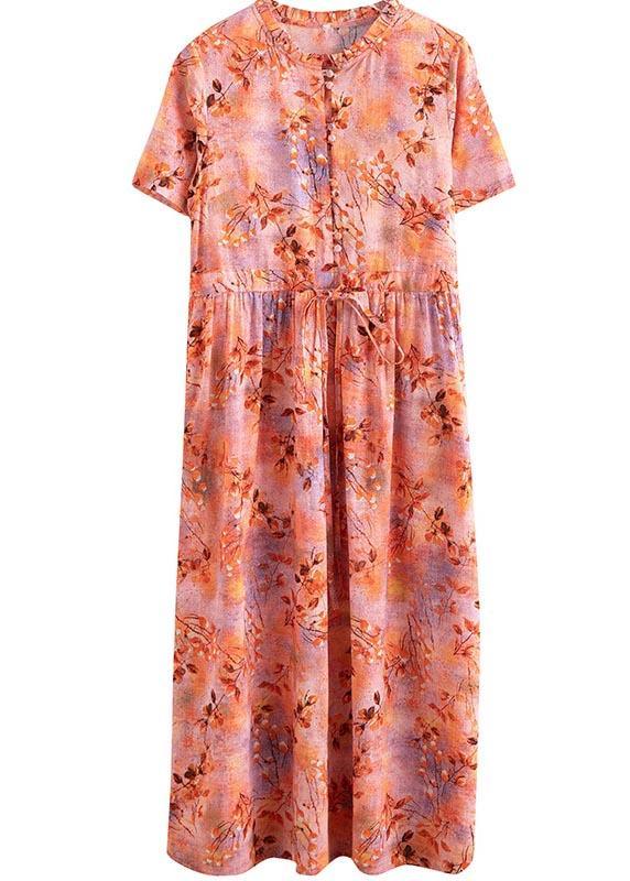 Ruffle Collar Button Front Drawstring Waist Botanical Print Maxi Dress