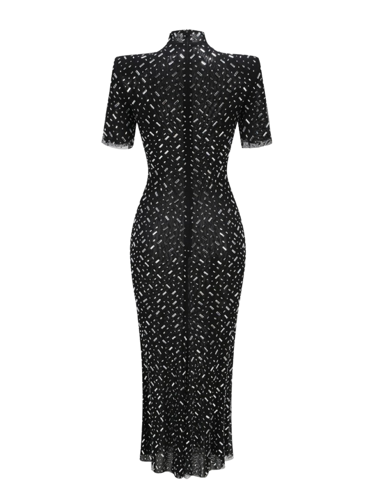 Mock Neck Short Sleeve Diagonal Rhinestone Mesh Midi Dress