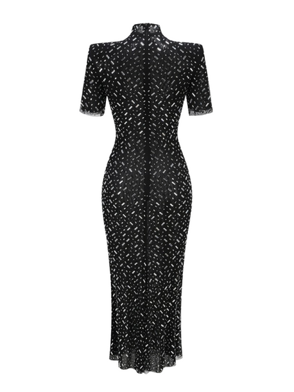 Mock Neck Short Sleeve Diagonal Rhinestone Mesh Midi Dress