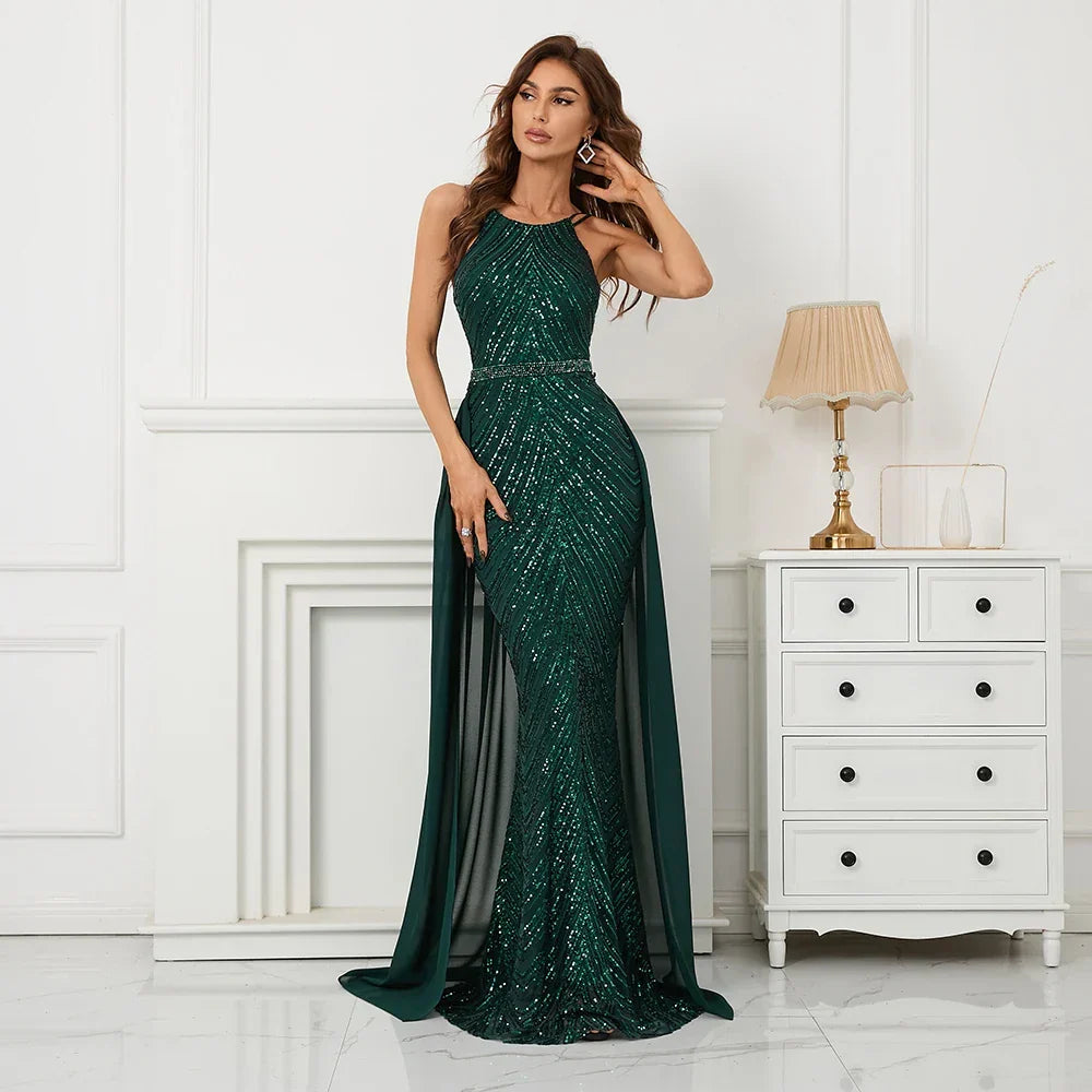Green Off Shoulder Tassel Sequin Evening Dress Sexy Cross Back Party Dress